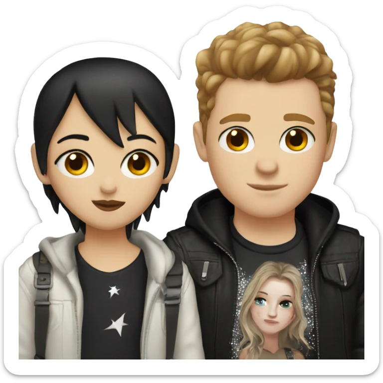 white girl with black hair kissing a white boy with punk brown hair sticker