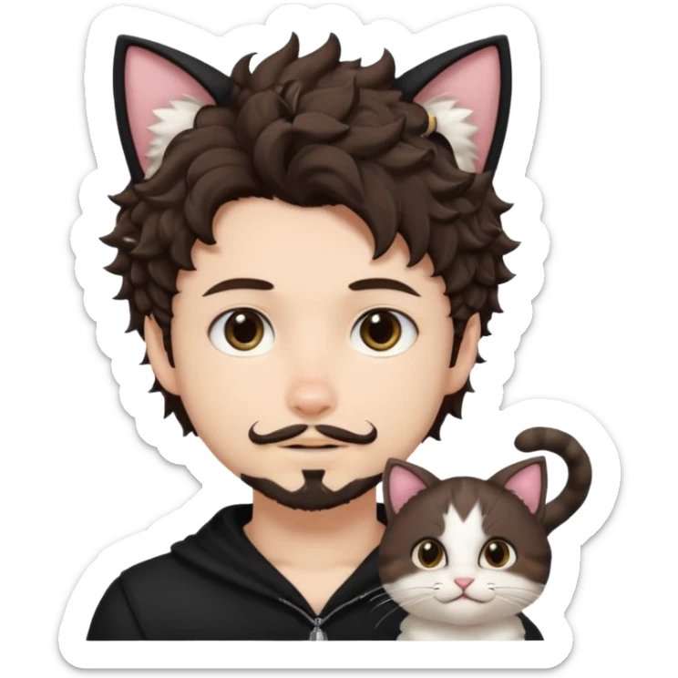 white boy with cat tail with goatee hair and cat ears with dark brown hair and anime features woth curly hair  sticker