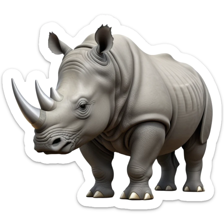 cinematic-rhino-realistic-full-body-standing-emoji,-massive-armored-body-poised-powerfully,-thick-horn-curving-slightly-forward,-head-tilted-dramatically,-rough-grey-hide-covered-in-dust,-simplified-yet-realistic-focused-features,-highly-detailed,-glowing-with-an-almost-sarcastic-glow sticker