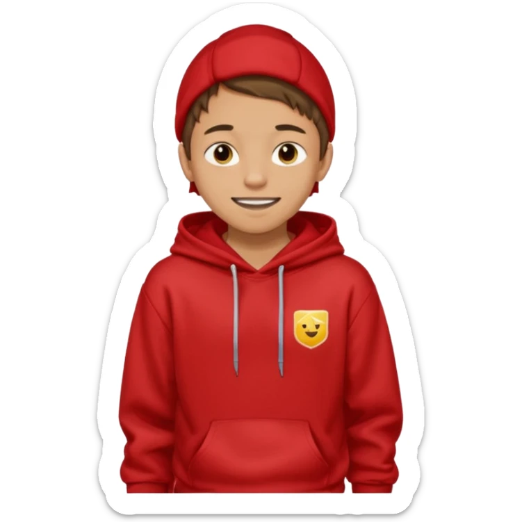 make me an emoji of an americain 15 yearold boy in a red hoodie that says "south" on it and give him with tan skin with his hands in his pockets with the sleevs pulled up grining with a jaw line sticker