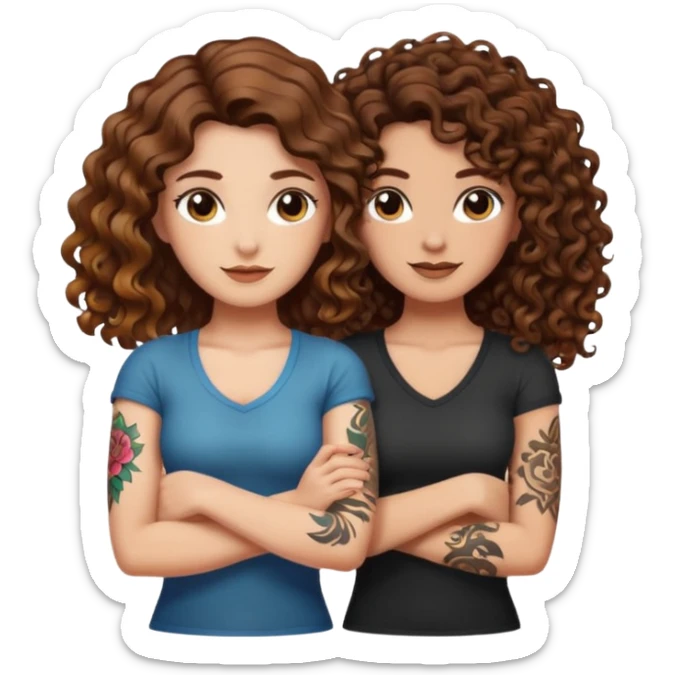 smug crossed arms — long wavy brown hair tattooed woman and short tight curly brown hair woman — glow aura sticker