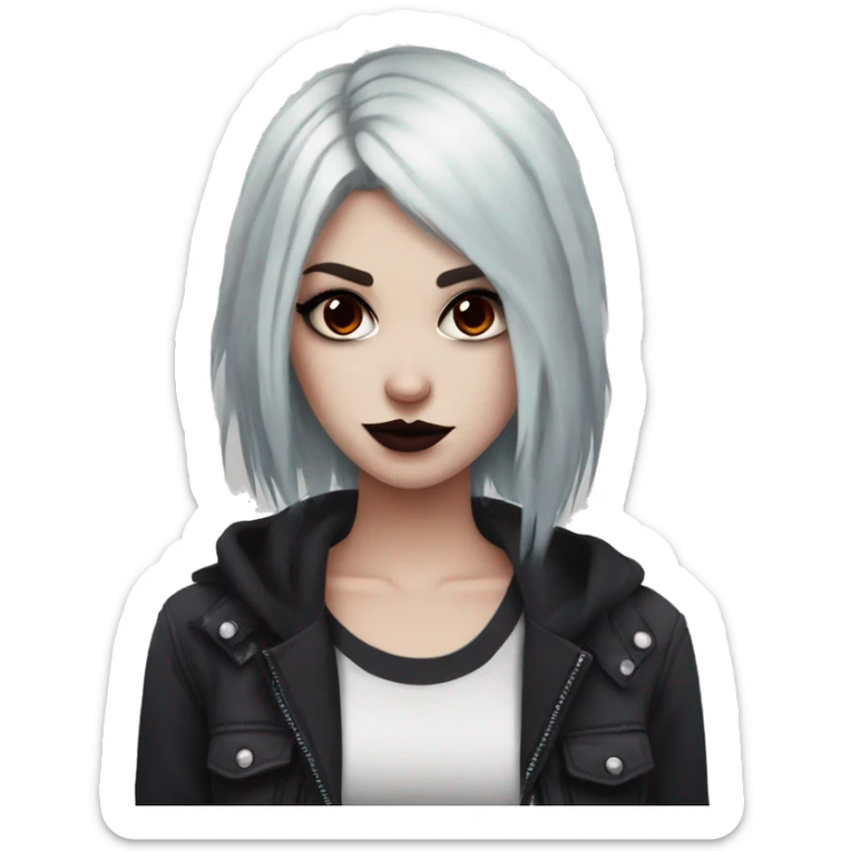 Pale girl with black eyeshadow and burgundy hair with an emo haircut that’s long and layered holding a black cat sticker