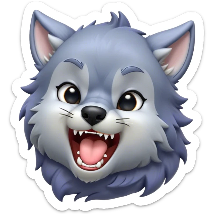 Cinematic Cute Yawning Werewolf Portrait Emoji, with a cuddly, miniature lupine form in soft moonlit grays and silvers, head leaning back in a big, adorable yawn that reveals a few fuzzy teeth, simplified yet irresistibly charming, highly detailed with a soft glowing outline that captures the drowsy, playful essence of a werewolf mid-nap! sticker
