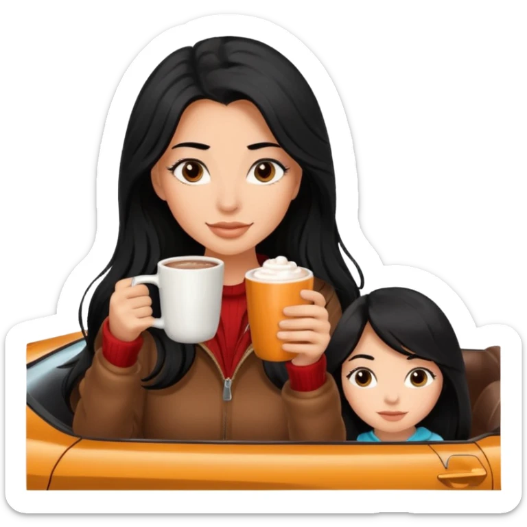 anned Girl with lashes , bright black long hair, in an extremely big fluffy brown mustang, and drinking hot chocolate drink sticker
