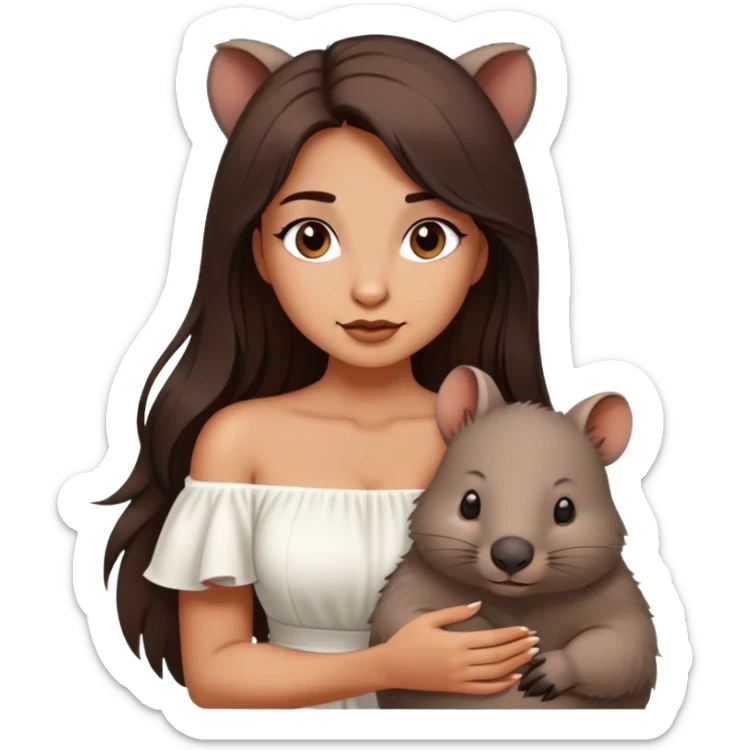 Beautiful woman in 1950’s woman fashion look, off-shoulder white dress, long dark brown hair, wombat sticker
