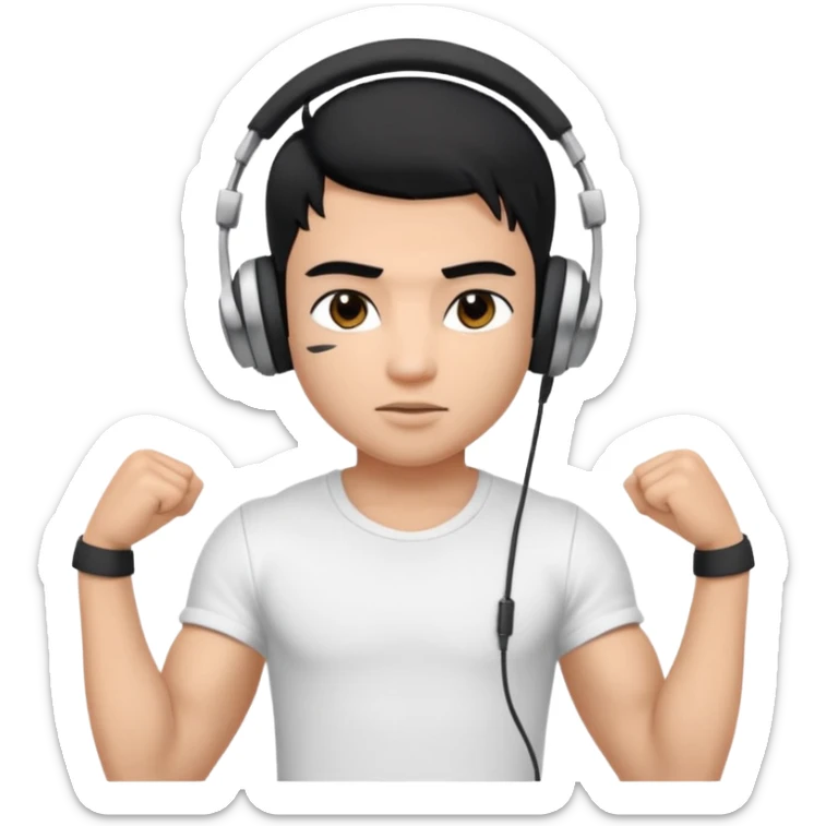 a pretty bratz fair indian boy with black hair. lean but muscled, wearing a white tshirt. headphones on sticker