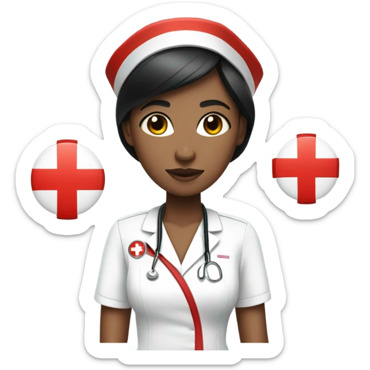 pixie cut black straight hair female nurse with red cross sign hat wearing dress
pale skin color sticker