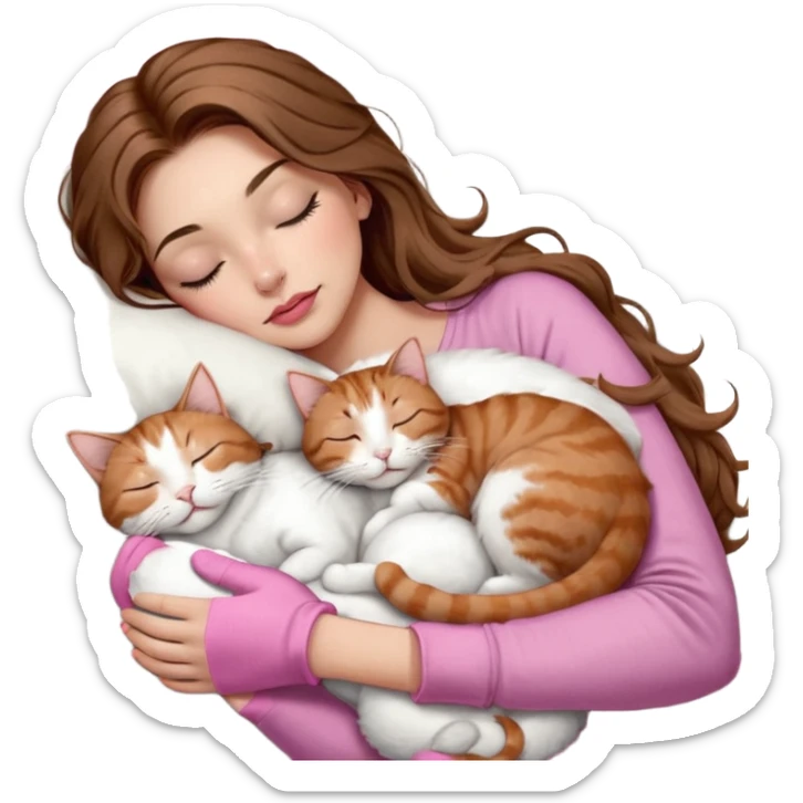 girl with long wavy brown hair, brown eyes, long lashes makeup, sexy pink lips, light to medium complexion,  sleeping on a cozy pillow, with 6 cats: 1 brown and white tabby cat, 1 ginger and white, 2 grey and white, 1 grey with white mittens and small white patch on chest and 1 calico, sleeping sticker