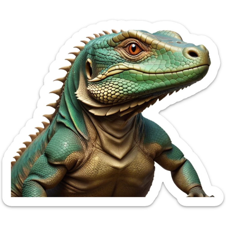 Cinematic Noble Komodo Dragon Lizard Portrait Emoji, Poised and regal, with a rugged, scaled body and powerful stance, deep-set intense eyes and textured, weathered skin, Simplified yet sharp and sophisticated features, highly detailed, glowing with a soft, ancient glow, high shine, intelligent and formidable, stylized with an air of primordial authority, focused and commanding, soft glowing outline, capturing the essence of a watchful and confident guardian that appears ready to stride out of the screen with timeless power! sticker