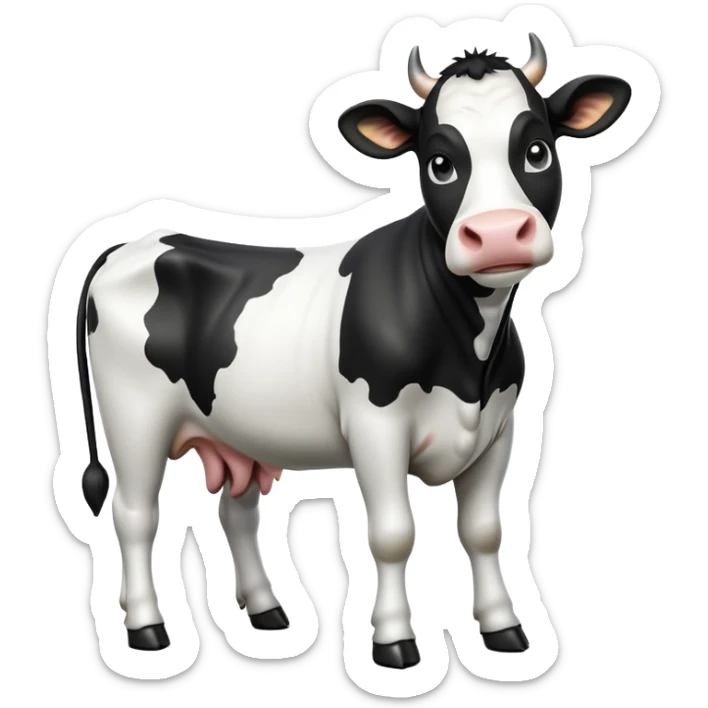 cinematic-[black and white cow]-realistic-full-body-standing-emoji,-tail-flicking-lazily,-head-tilted-dramatically,-sleek-[black and white]-coat,-simplified-yet-realistic-focused-features,-highly-detailed,-glowing-with-an-almost-sarcastic-glow sticker