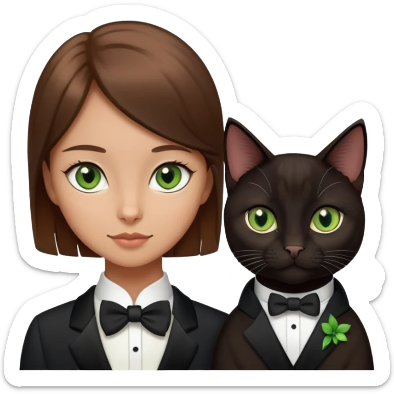 brown haired girl with light tan skin and brown eyes holding a black Bombay cat with green eyes and a black and white Tuxedo cat with hazel eyes sticker