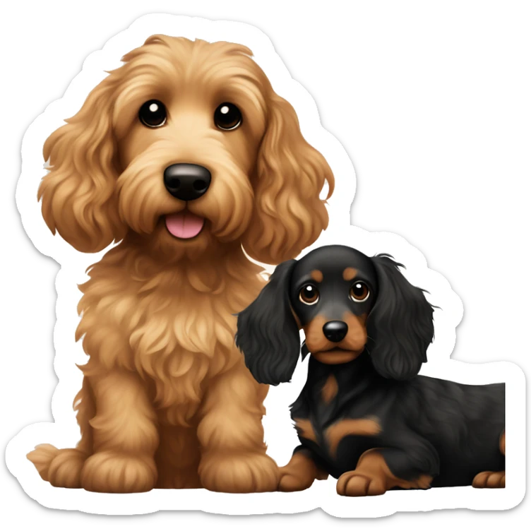 Brown golden doodle and black and tan and cream longhair dachshund sitting together  sticker