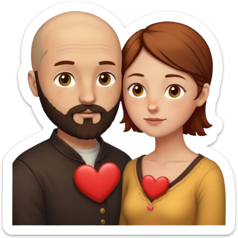 Couple. Bald man with dark brown-black beard. Woman with many small, faded, round freckles, white skin and she has auburn-yellow-brown-caramel-cinnamon dark hair. She has light yellow-brown eyes. He have hazel eyes. They look at each other. Many small red hearts around them. sticker