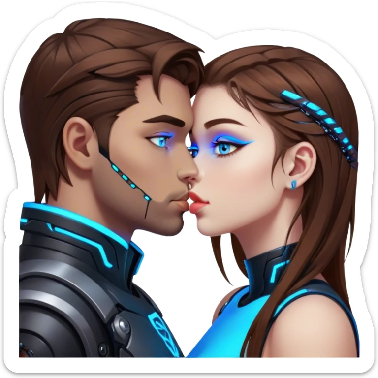 Neon cyberpunk style 
girl with brown hair and blue eyes kiss man sticker