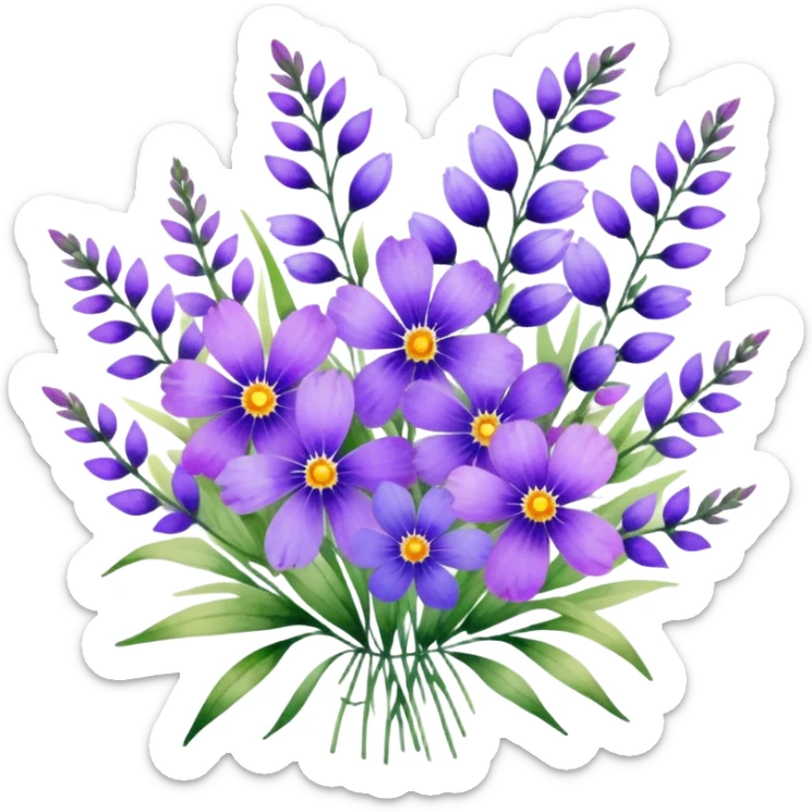 "A lush bouquet of purple wildflowers with a watercolor texture."
 sticker