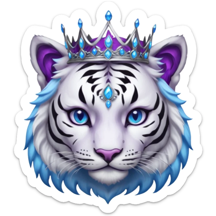 ESO Female white/black tiger khajiit leader of the umbral rose, glowing blue eyes, glowing blue 'third eye' gem; purple gemmed silver crown/tiara sticker