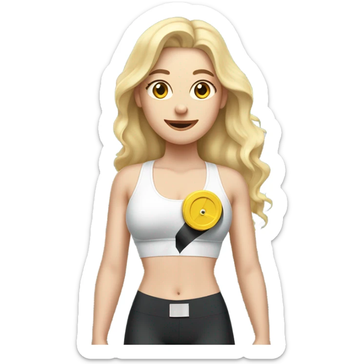 Woman, white skin, pale skin, long hair, blonde hair, wavy hair, standing, sports bra, leggings, tape measure wrapped around waste sticker