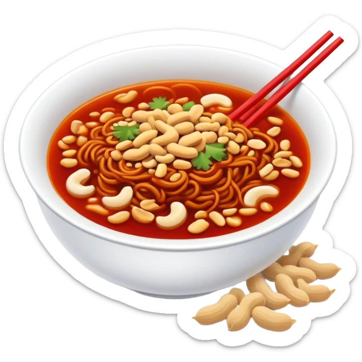 Chongqing Xiaomian with red spicy broth and peanuts, simplified emoji style with bold outlines and bright colors, cartoon style hot Sichuan street noodles sticker