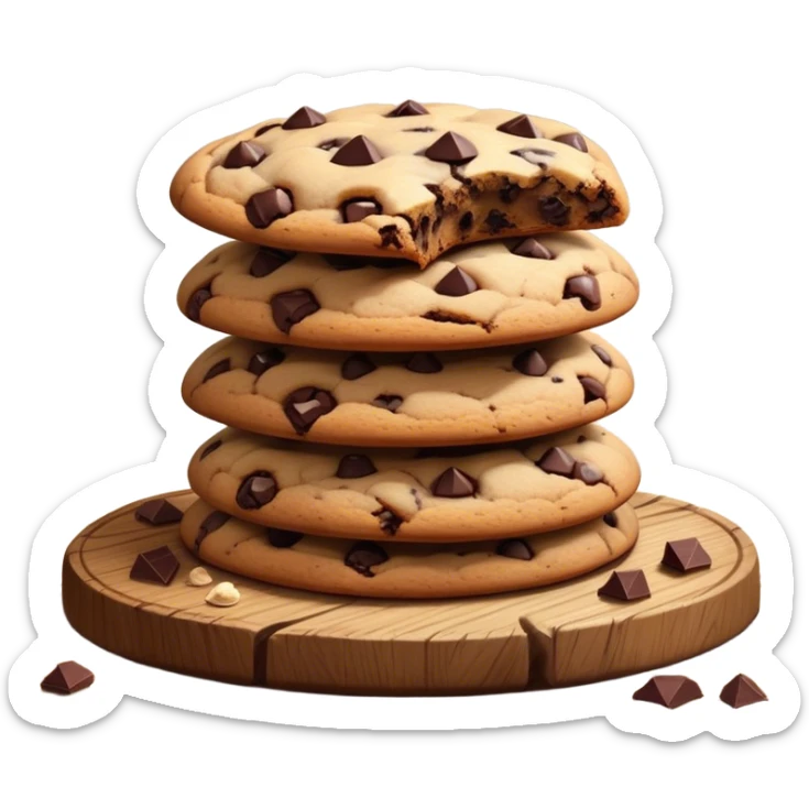 Cinematic crunchy chocolate chip cookies, freshly baked, golden-brown with gooey melted chocolate chunks, stacked on a rustic wooden plate, soft warm lighting, cozy and delicious. sticker