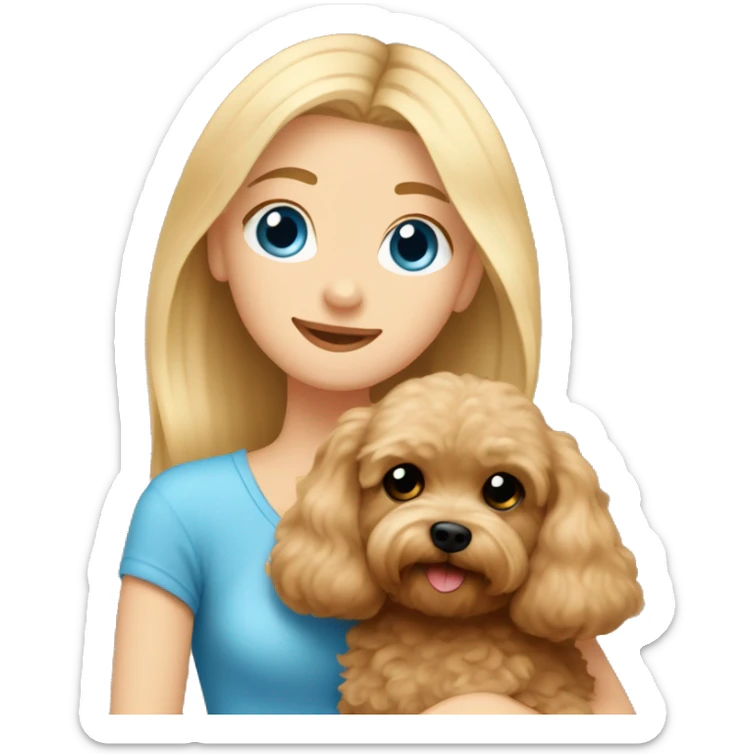 Blonde girl with long straight hair and blue eyes is hugging a small brown maltipoo sticker