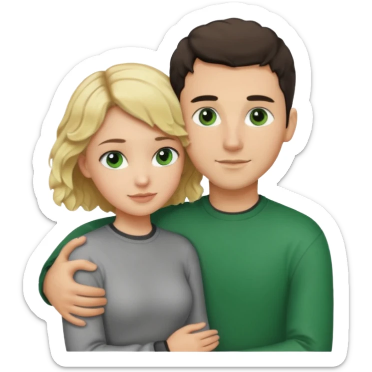 couple hugging.  girl is blonde with wavy hair. man is tall with dark hair in a crew cut. both have green eyes. both are white people. sticker