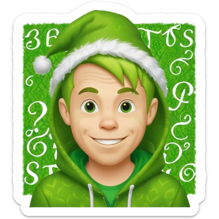 Create an avatar of white European male in hoodie with ``BST`` letters on it. Make background to look like from movie Grinch sticker