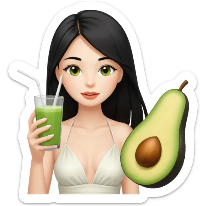 Long black hair with no bangs, very straight hair, pretty face. Wearing white plain halter top. Blushed cheeks, long lashes, nude glossy lips. One eyes with wink. One hand with avocado juice. sticker
