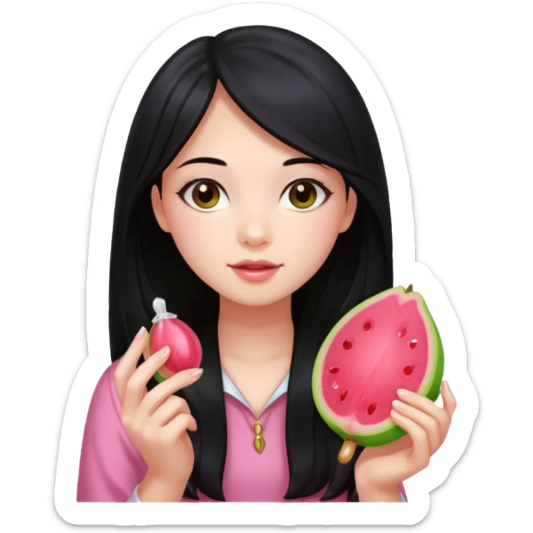 A girl with long black hair holding a piece of guava hard candy sticker