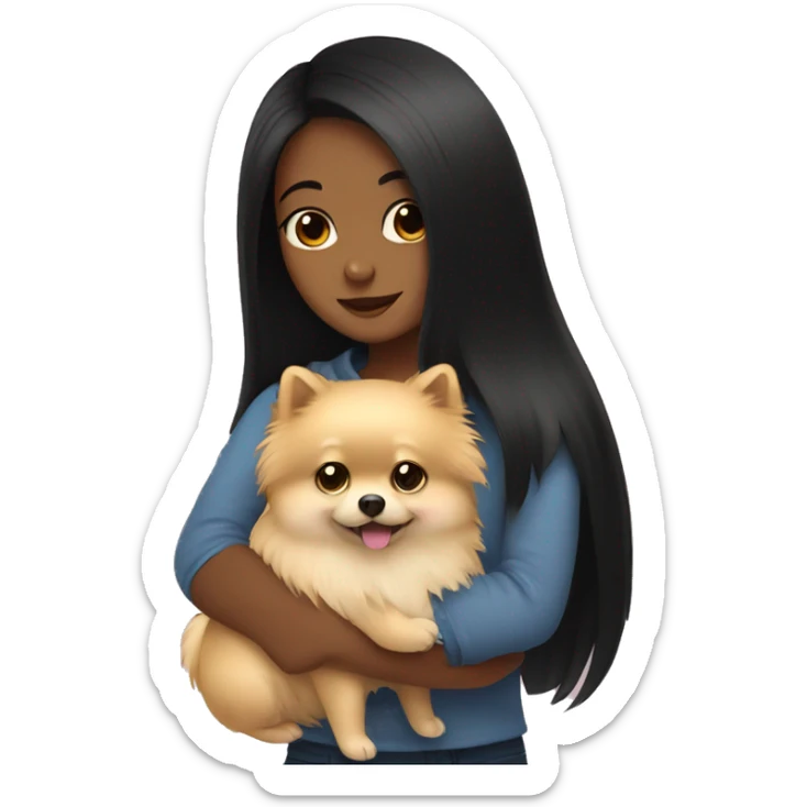Girl hugging pomeranian. The girl has black hair. sticker