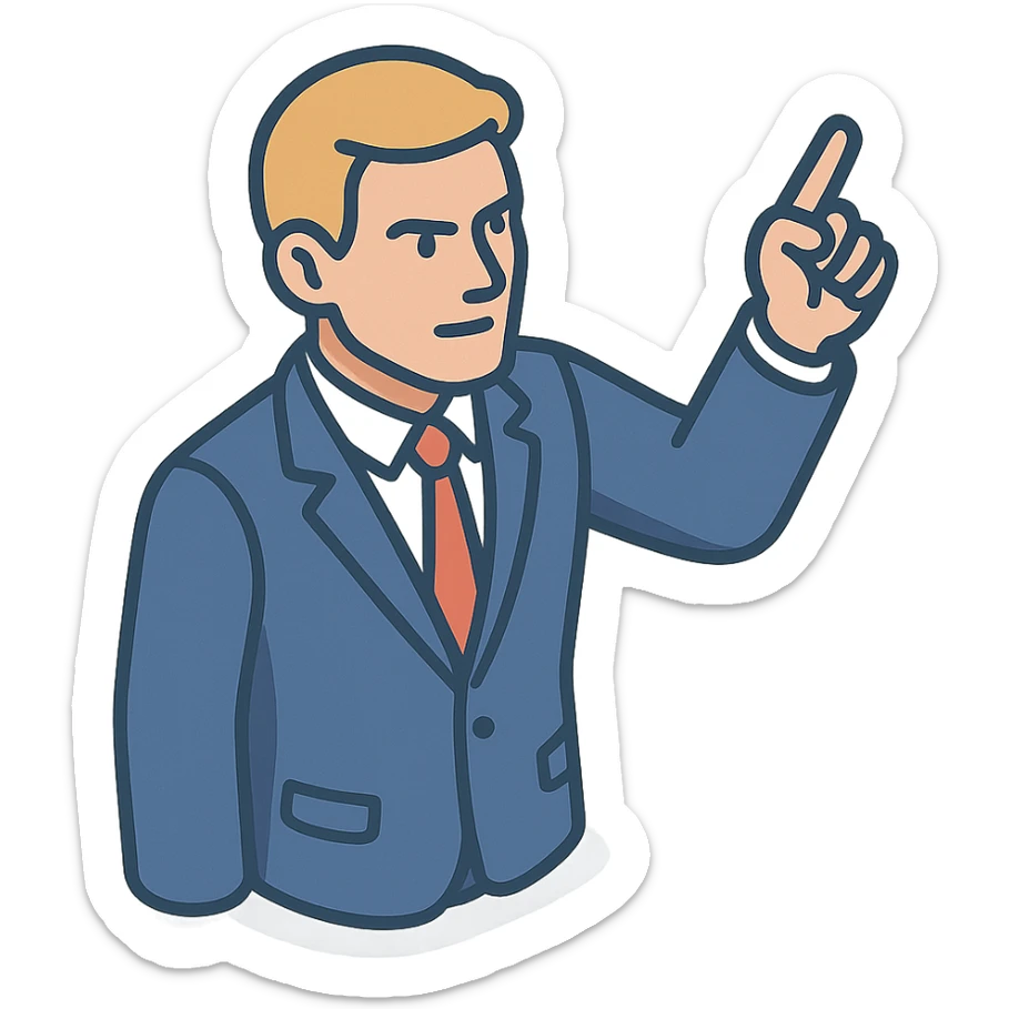 Confident male leader, Caucasian, short neat blonde hair, sharp eyes, indigo jacket, one arm raised gicing direction, waist-up, front-facing sticker