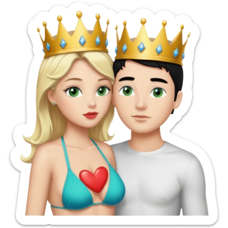 Blonde Queen with crownGreen eyes in Bikini kissing Male subject without crown black hair blue eyes Background sky sticker