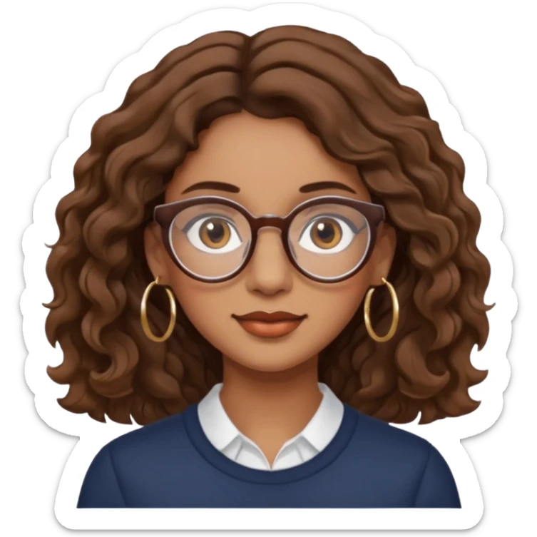 Women brown eye and brown mi-long wave hair with glasses and circle earing sticker