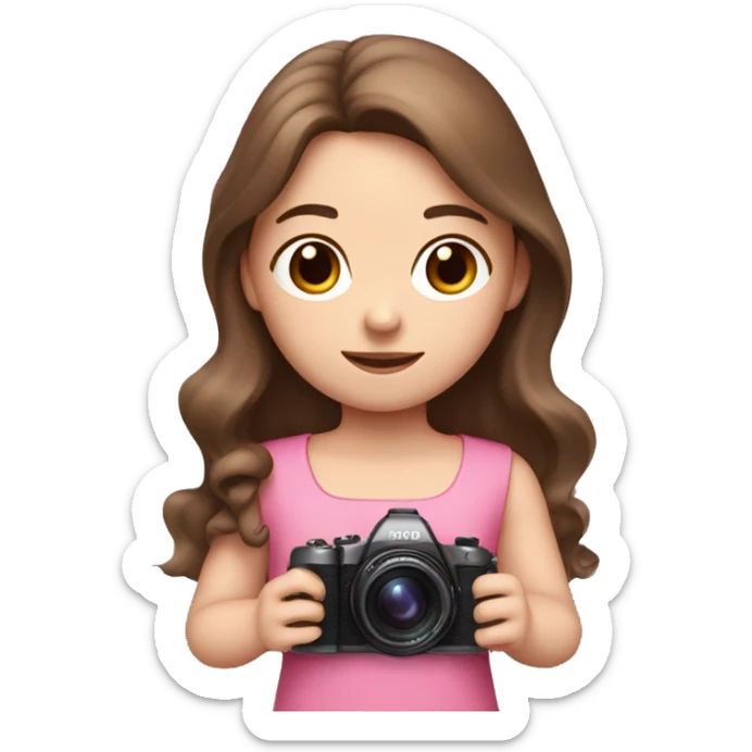 cute white girl with long brown hair, in pink dress and camera in her hands sticker