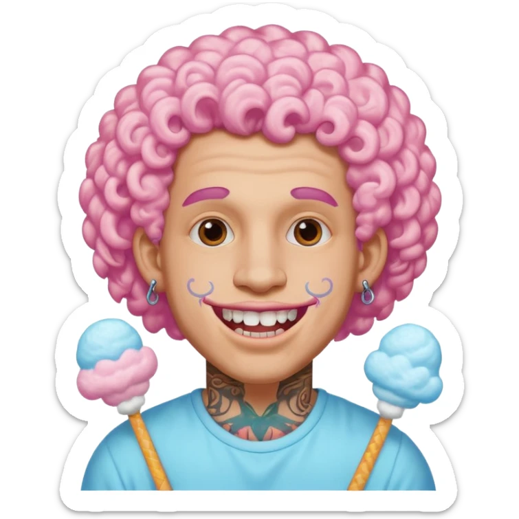 very cheerful colorful puffy curly haired man made out of cotton candy wearing teeth-braces and tattoos and face tattoos just face  sticker