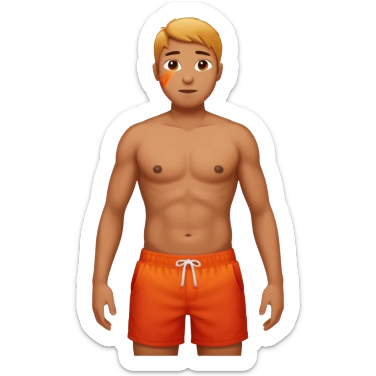Emoji-style person in beach shorts with sunburned shoulders and chest - the chest and stomach should be white, the rest of the skin should be very red - very sunburned.  sticker