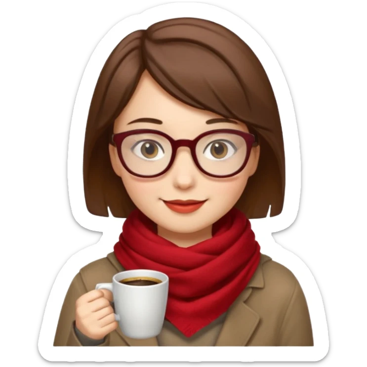 a girl with brown short hair, having red scarf, wearing glasses, drink coffee, enjoy sticker