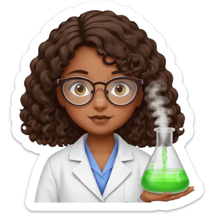 bratz doll with long loose curly dark brown hair, glasses that are round cat eye vibes, in a lab coat mixing beakers that glow shes a 4th grade girl sticker