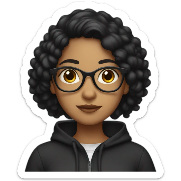 indian girl with glasses with black curly hair wearing a black hoodie sticker