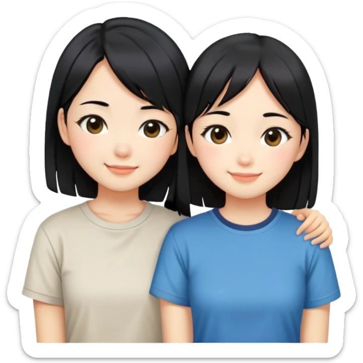 Two cute Japanese girls with straight black hair wearing modern Western clothes like t-shirts, faces pressed together cheek to cheek, smiling happily sticker