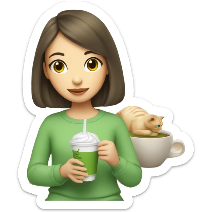 Cute girl holding a cat and cup of iced matcha  sticker