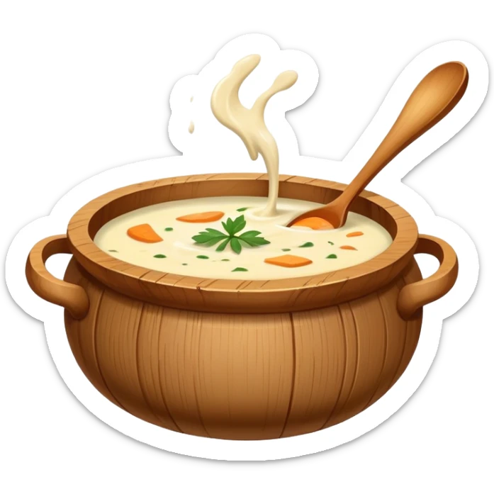 Pot of creamy soup in a wooden bowl￼ sticker