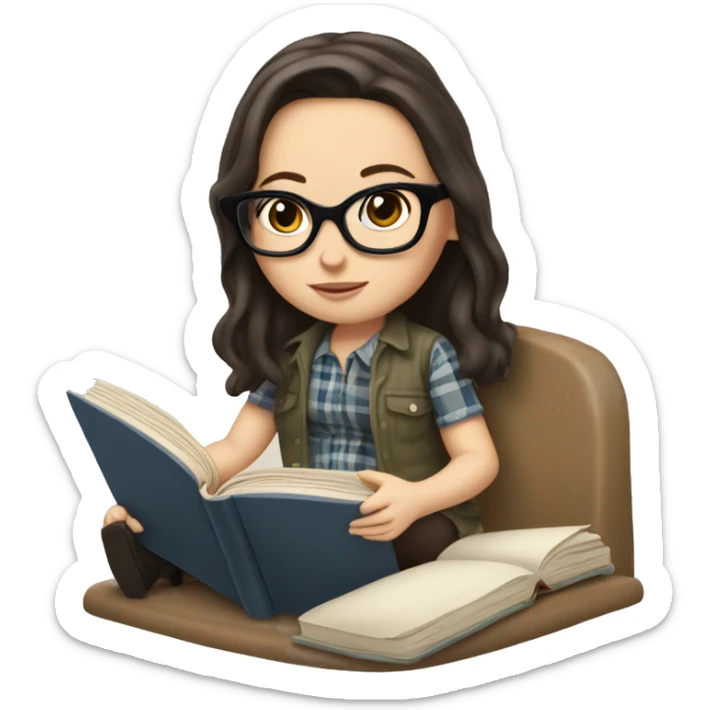 a white girl with glasses and dark hair is sitting in a cot with a plaid and reading a book sticker
