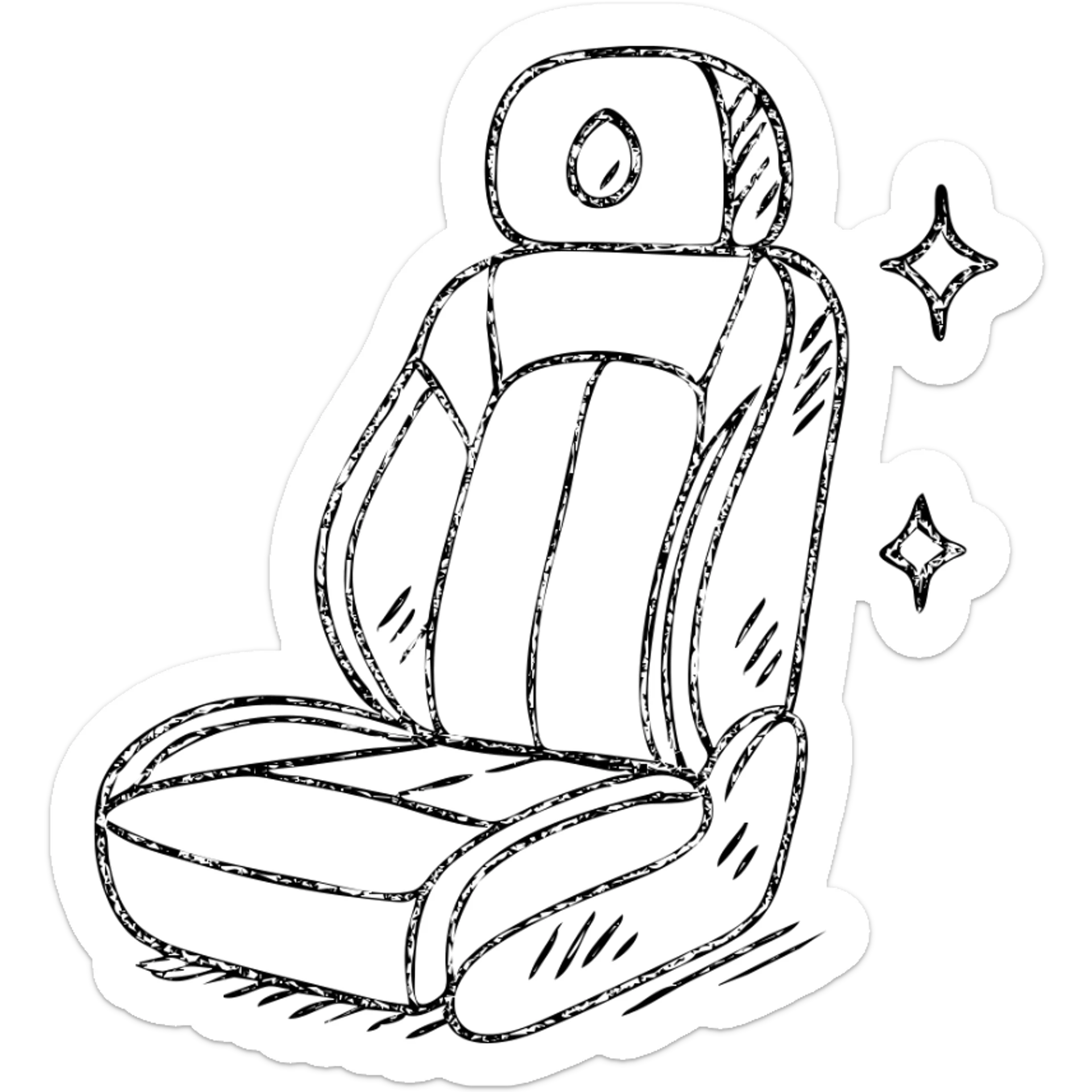 hand-drawn outlined icon of a luxury car seat in matte black with a small droplet or shield on the headrest, elegant stitching, minimalist lines, extra shine and sparkles, clean and modern sticker