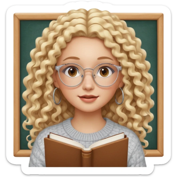 cute white woman with VERY LONG blonde curly hair, brown eyes, full lips, natural clean girl makeup and hoop earrings and square glasses, studying sticker