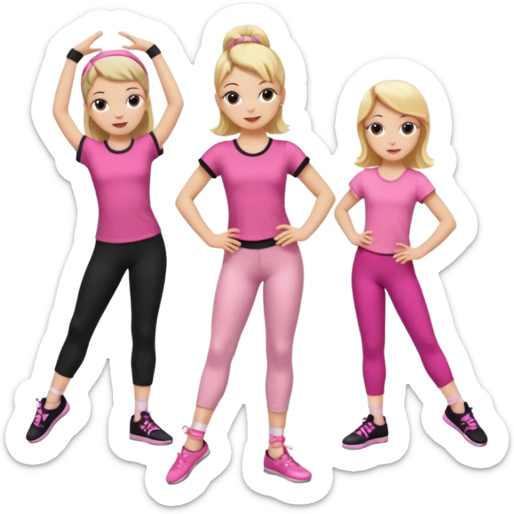 Hiphop dancer, with cute big pants, sneakers, and t-shirt. White girl blond. Coloufull shirt. No pocket pants. Dancing. Pink and black plain outfit. No sweatbands on the wrist, black music box behind her. Ballerina pose. with dancing kids behind her sticker