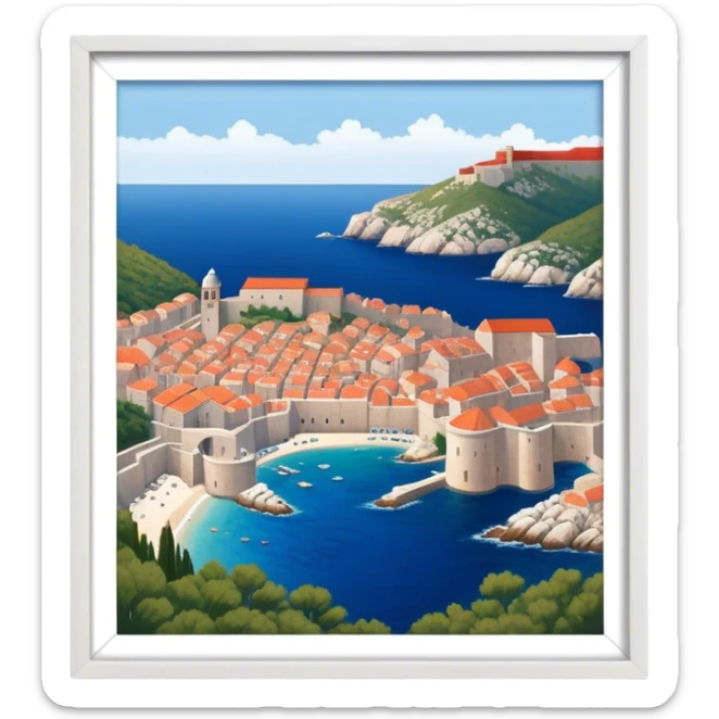 Dubrovnik – Cinematic Realistic Dubrovnik, depicted as a stunning coastal city with red-tiled roofs and ancient stone walls, set against the deep blue Adriatic Sea under warm Mediterranean light, rendered with rich textures that capture its enchanting beauty. sticker