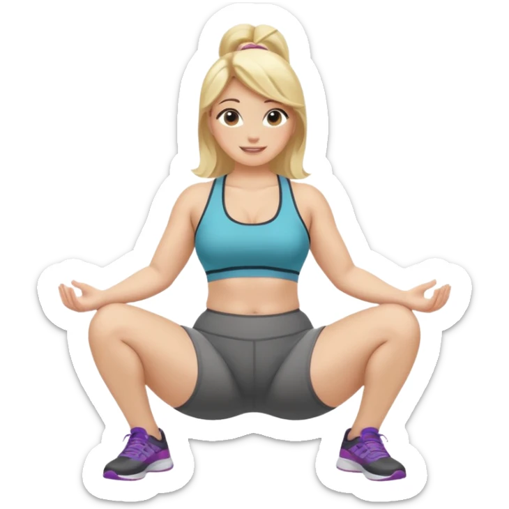 fullbody curvy blonde fitness trainer, back view, sitting on her feet, SFW, athletic, smiling, no explicit content sticker