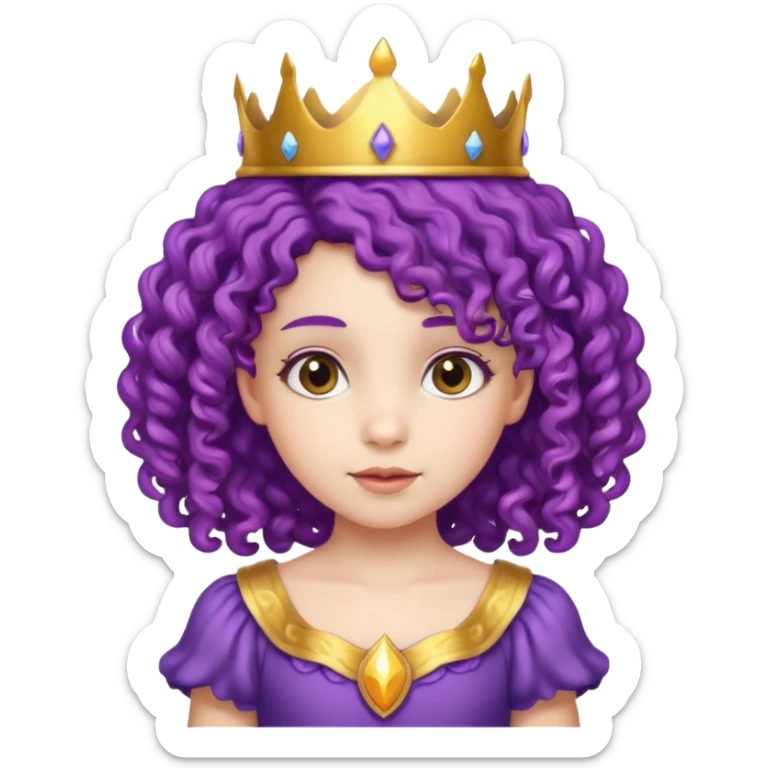 Princesses kid girl, with Gold Crown on purple curly hair, with white dress sticker