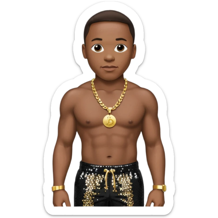 Dr Dre with dark brown hair, black sequin baggy pants, shirtless with necklace sticker
