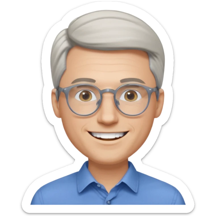 30 yr old pale white man, white/grey side swept stylish hair, round glasses, big smile, white teeth, handsome, longer hair, thin glasses, blue dress shirt sticker